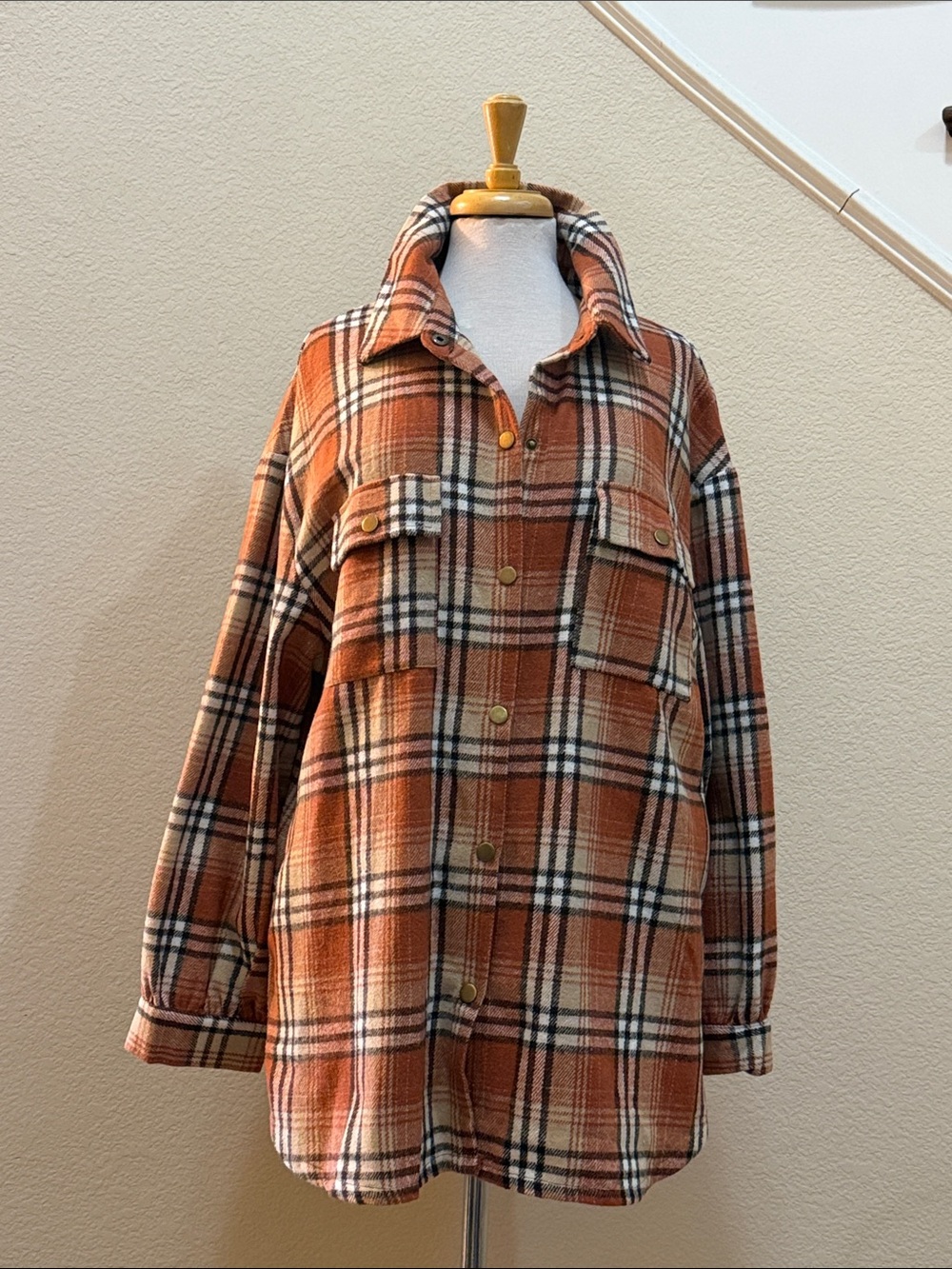 Women's Rust Plaid Utility Shacket with Front Pockets
